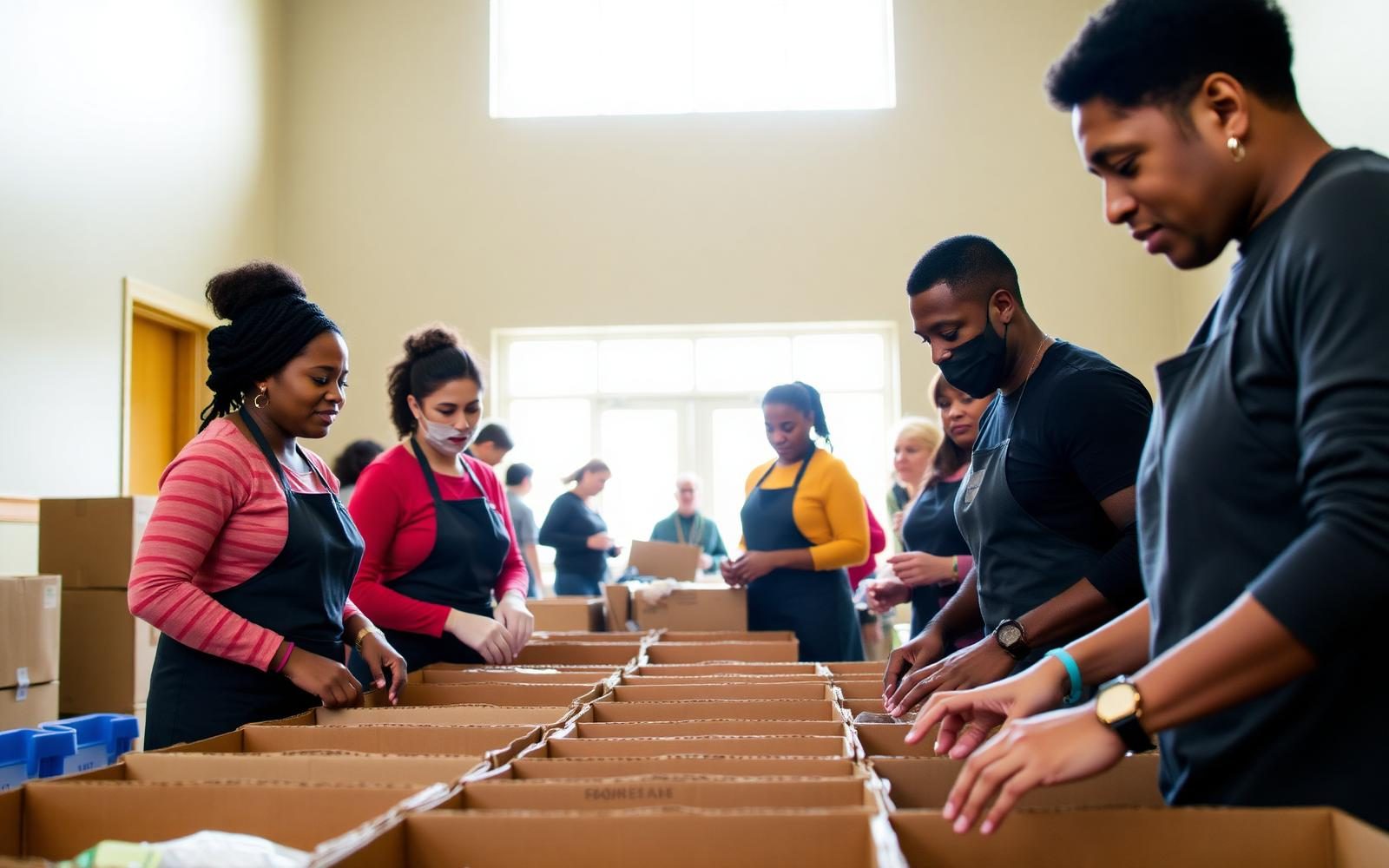 Volunteers working together at a packing table