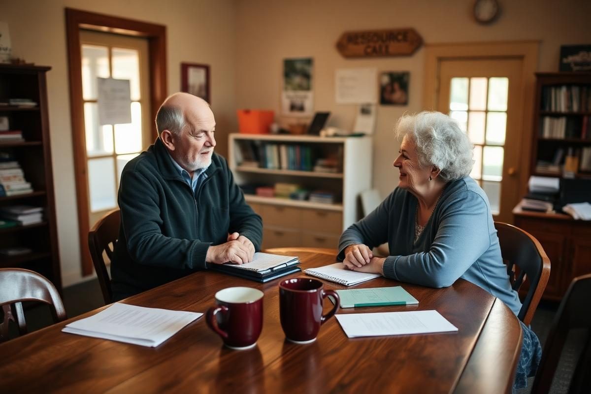 Two people in conversation across a table at the conference office